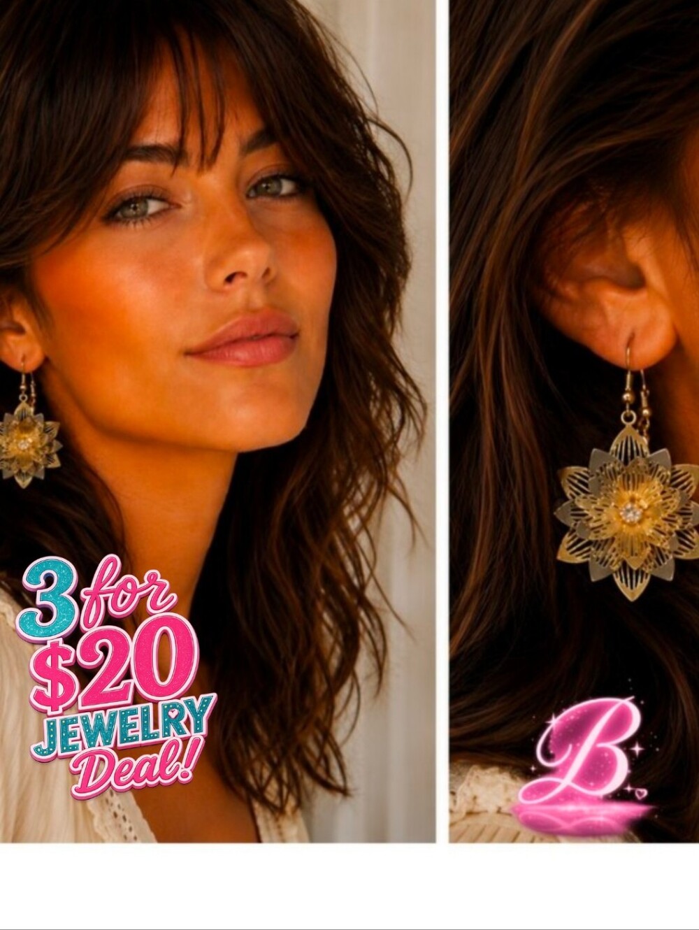 3/$20 Gold Tone Layered Floral Dangle Earrings with Rhinestone Accent